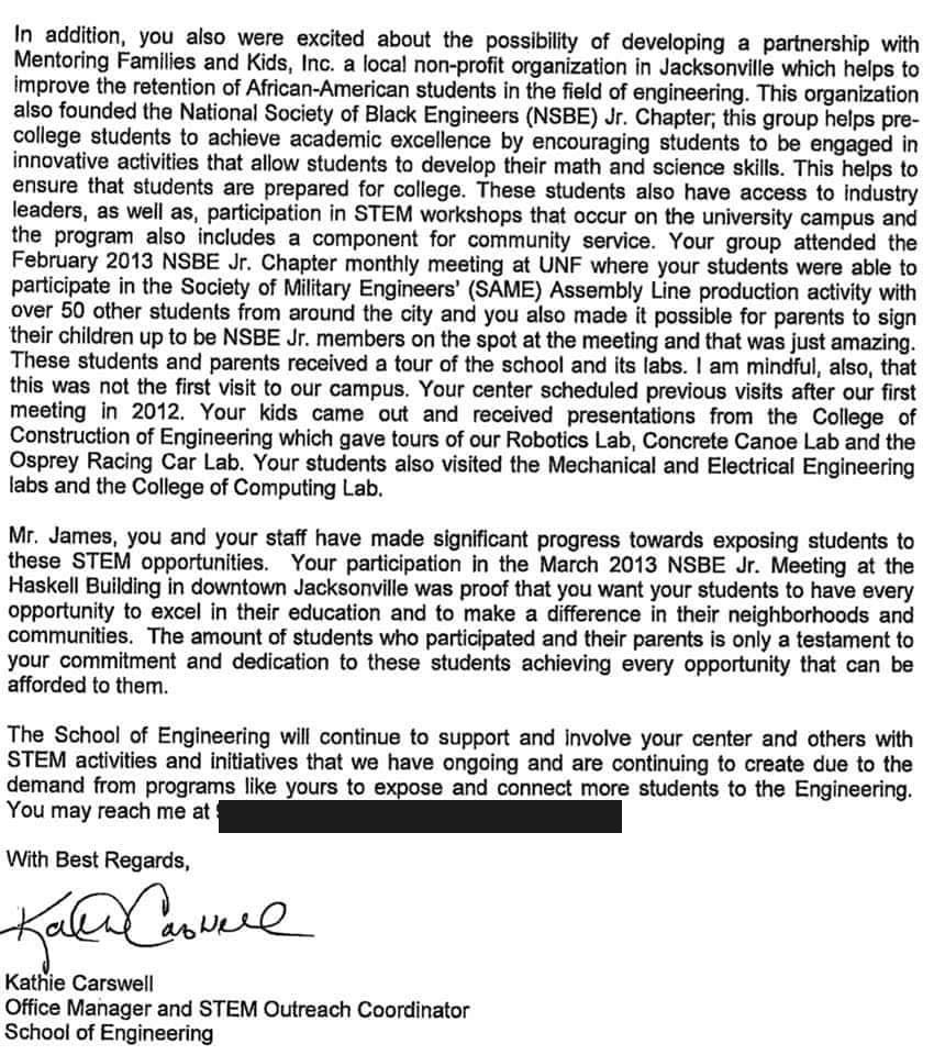 Two-page letter dated 4 March 2013 from Kathie Carswell, STEM Outreach Coordinator at the University of North Florida School of Engineering, commending James Jacobs for building STEM and robotics opportunities into his after-school program (page 2 of 2)